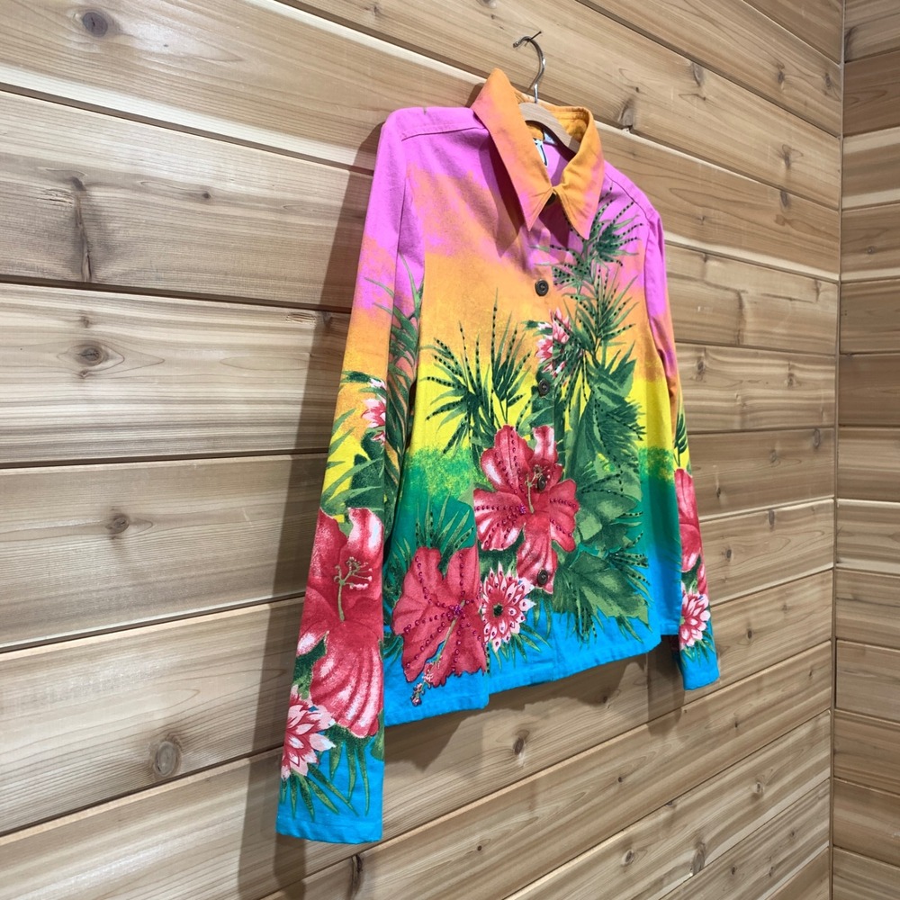 Floral Button Down Jacket Tropical Print Bead Embellished Collared Colorful XL - Picture 2 of 14